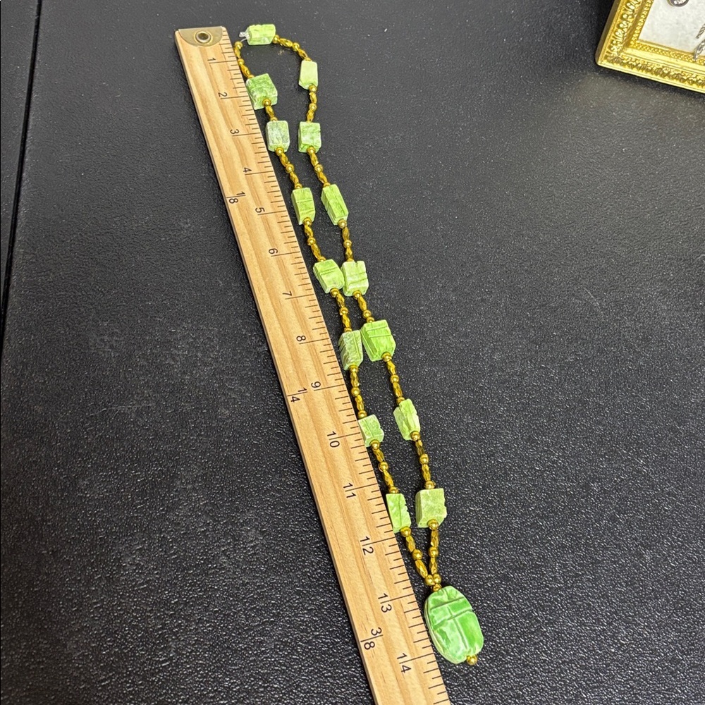 Scarab Rock Beaded Lime Green Gold Necklace - Picture 7 of 7